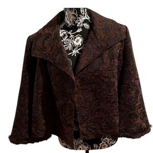 House of Der’eon size large brown & black brocade jacket , rabbit fur trim